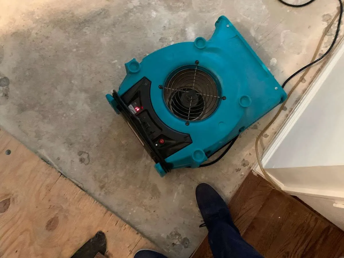 Air mover drying subfloor during Commercial Water Damage Restoration in Midway